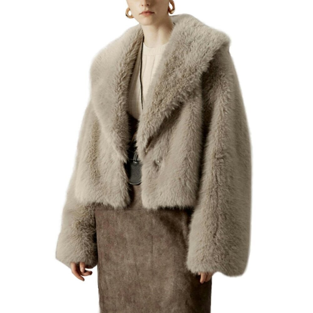 Faux Fur Jacket Cropped Winter Coat Long Sleeve Button Down Warm Outerwear